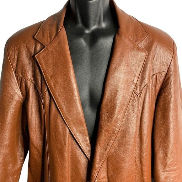 Vintage 70s Leather Western Coat M Brown Buttons One Point Pockets Notch Collar - Picture 2 of 7